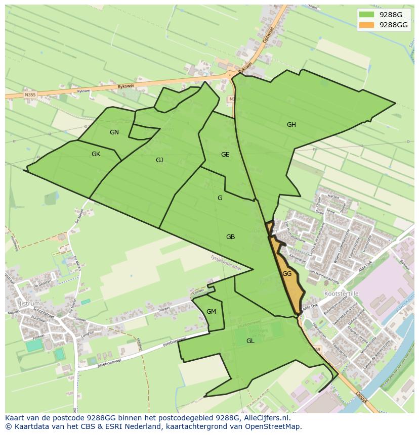 Afbeelding van het postcodegebied 9288 GG op de kaart.
