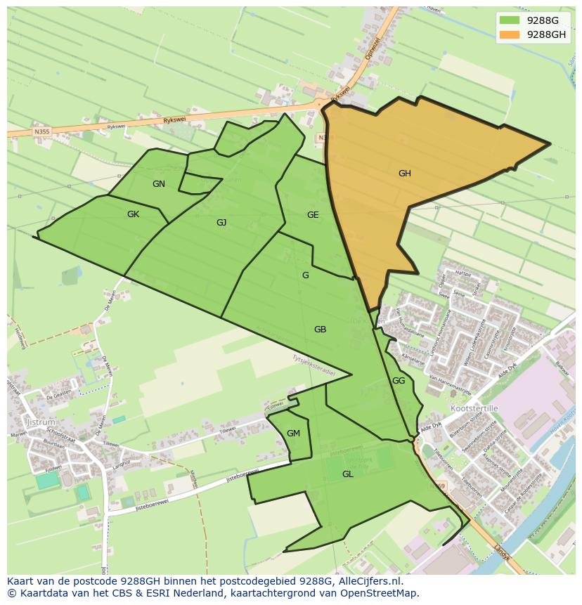Afbeelding van het postcodegebied 9288 GH op de kaart.