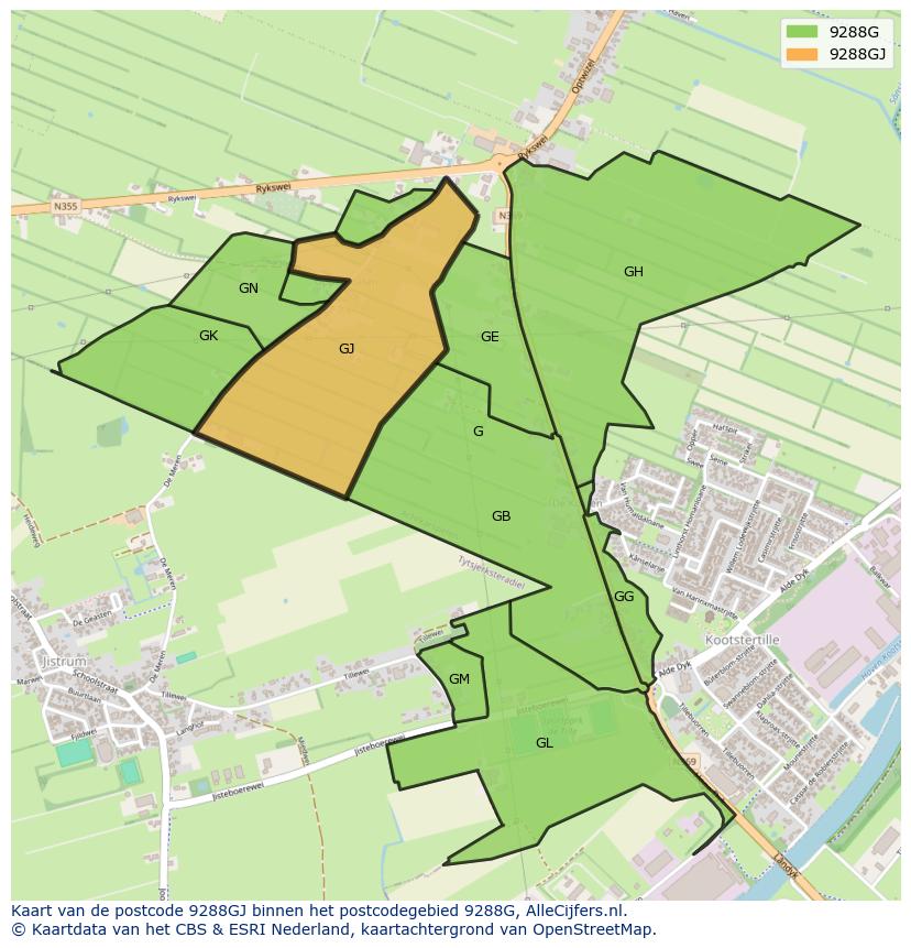 Afbeelding van het postcodegebied 9288 GJ op de kaart.