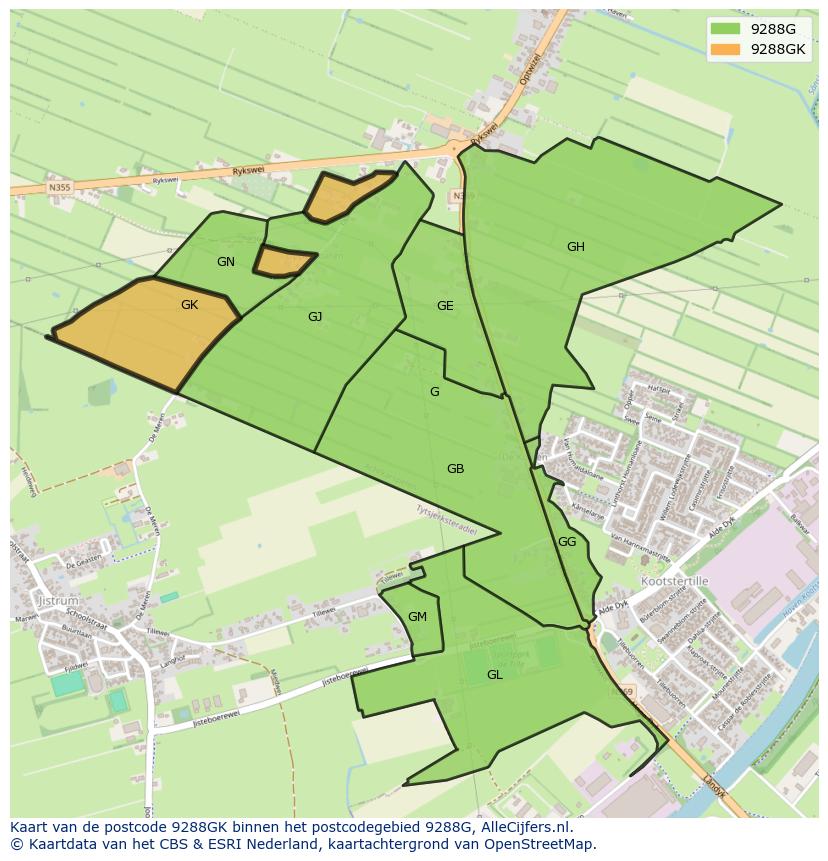 Afbeelding van het postcodegebied 9288 GK op de kaart.