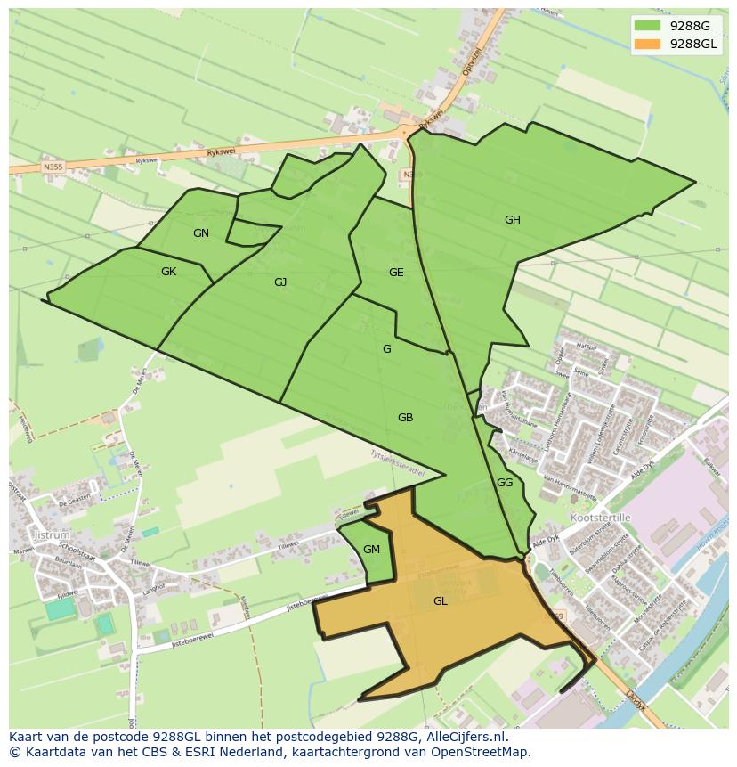 Afbeelding van het postcodegebied 9288 GL op de kaart.