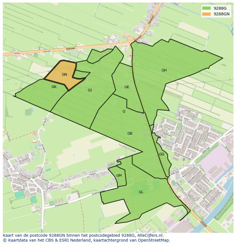 Afbeelding van het postcodegebied 9288 GN op de kaart.