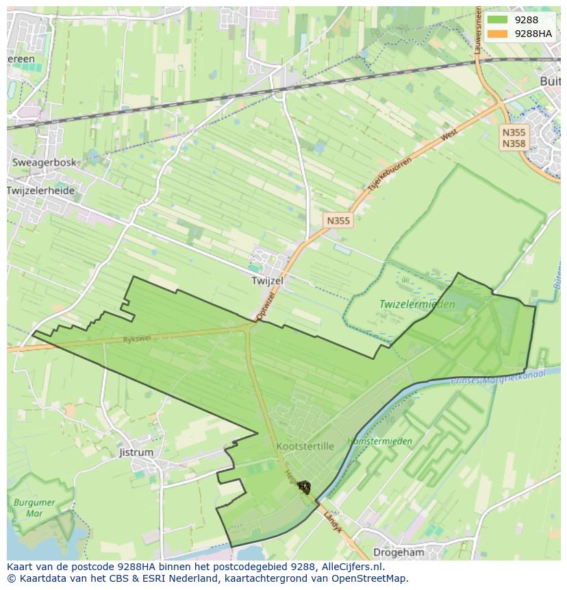 Afbeelding van het postcodegebied 9288 HA op de kaart.