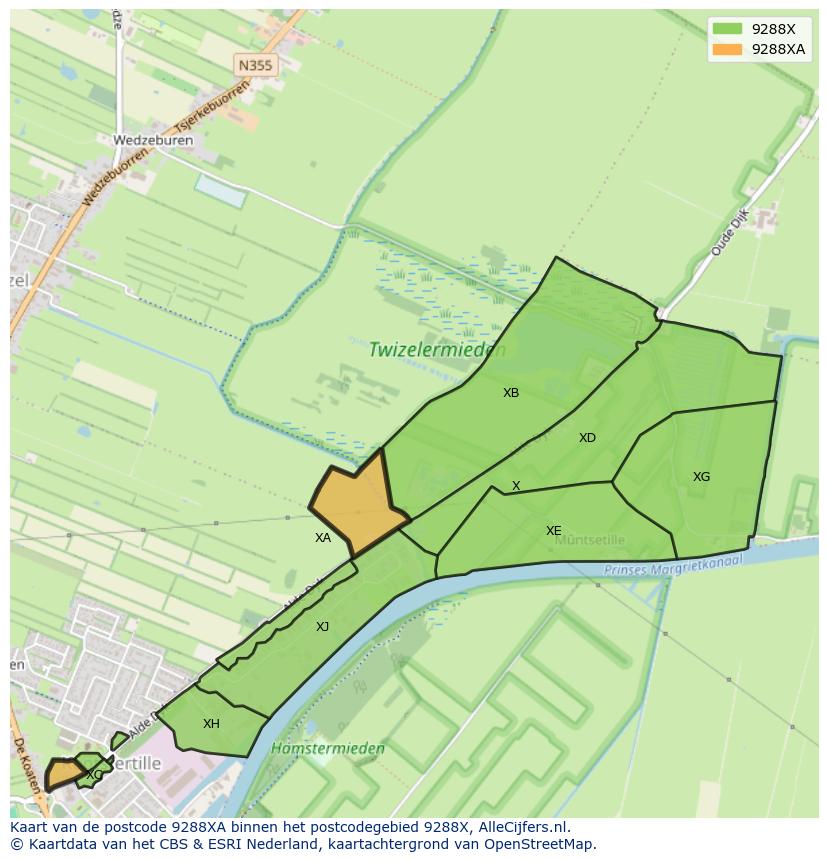 Afbeelding van het postcodegebied 9288 XA op de kaart.