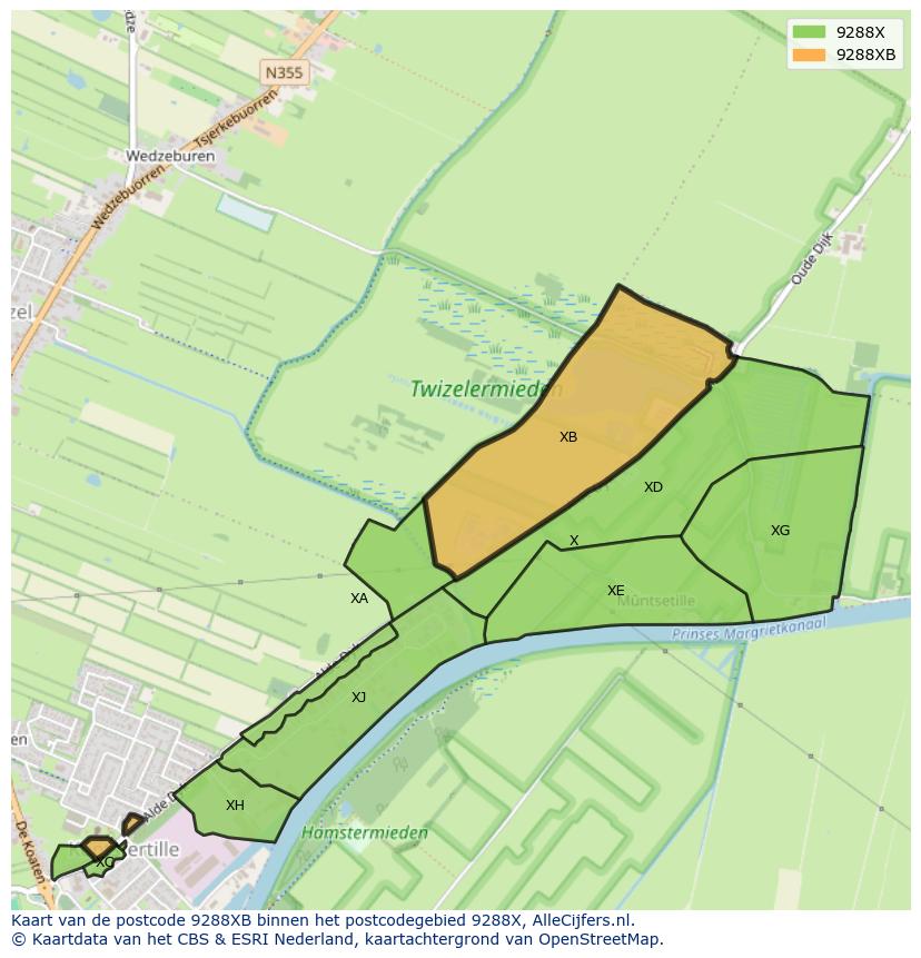 Afbeelding van het postcodegebied 9288 XB op de kaart.