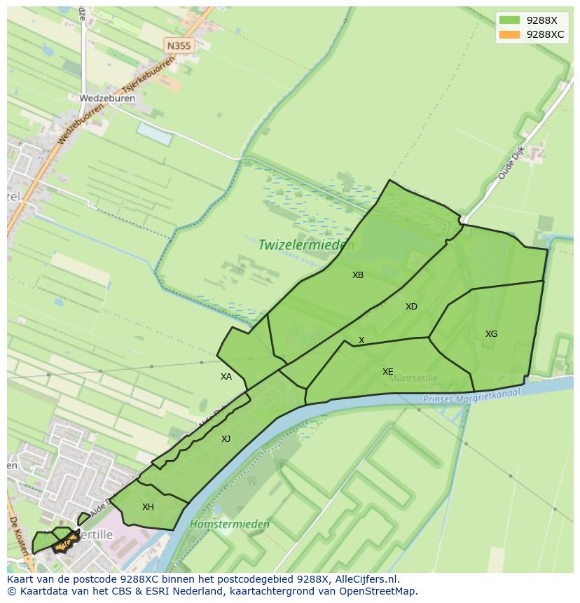 Afbeelding van het postcodegebied 9288 XC op de kaart.