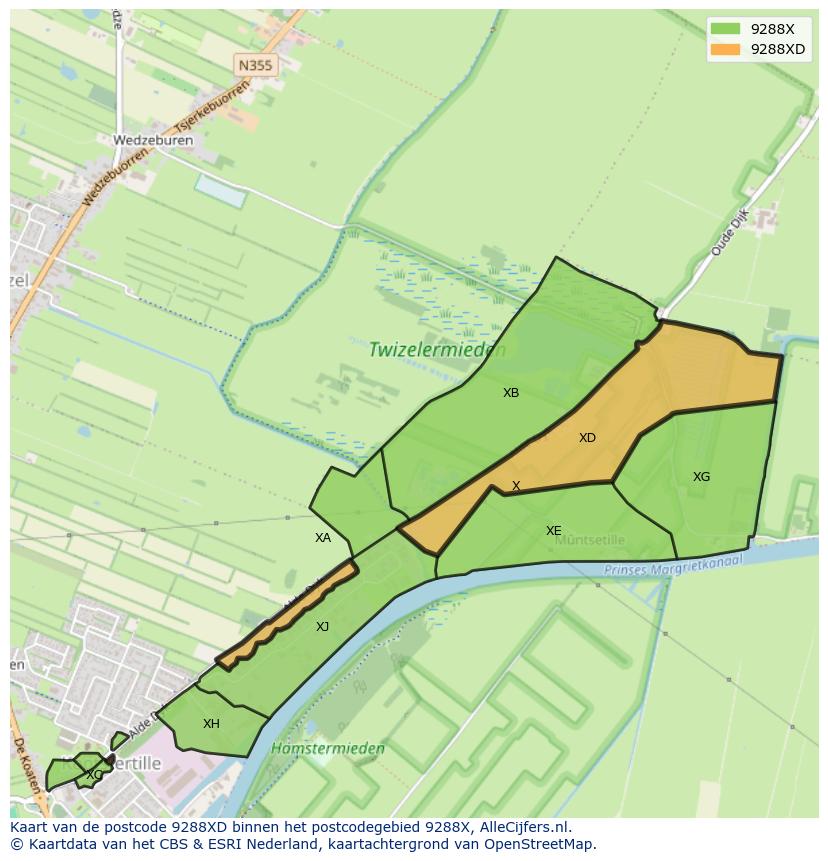 Afbeelding van het postcodegebied 9288 XD op de kaart.