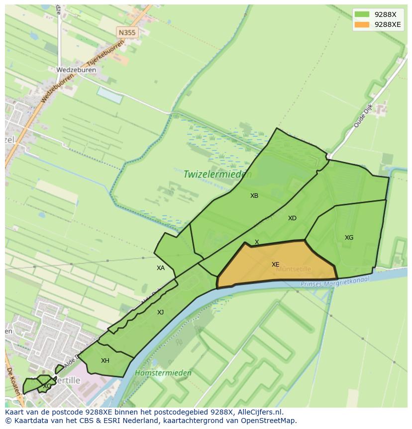 Afbeelding van het postcodegebied 9288 XE op de kaart.