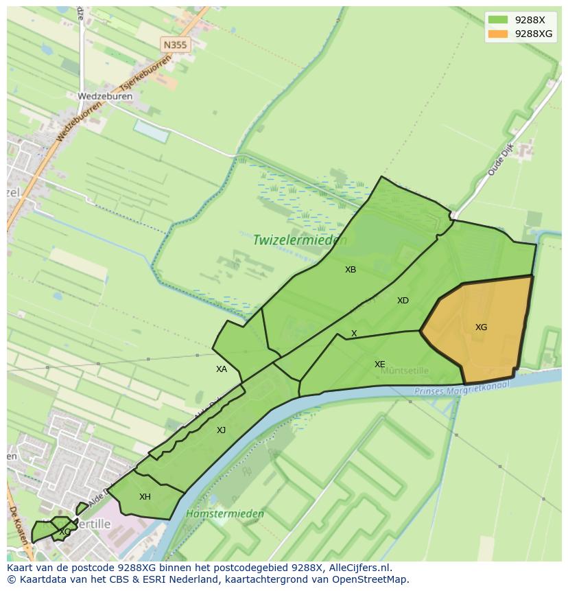 Afbeelding van het postcodegebied 9288 XG op de kaart.