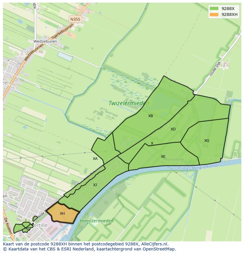 Afbeelding van het postcodegebied 9288 XH op de kaart.