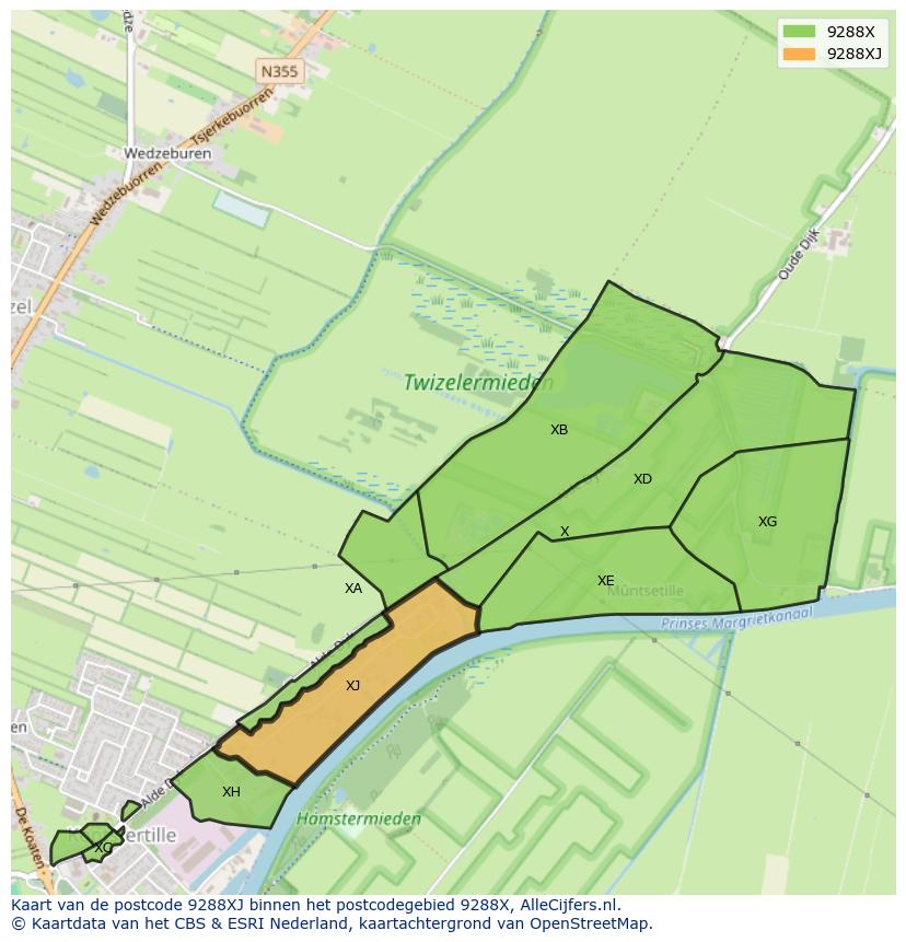 Afbeelding van het postcodegebied 9288 XJ op de kaart.
