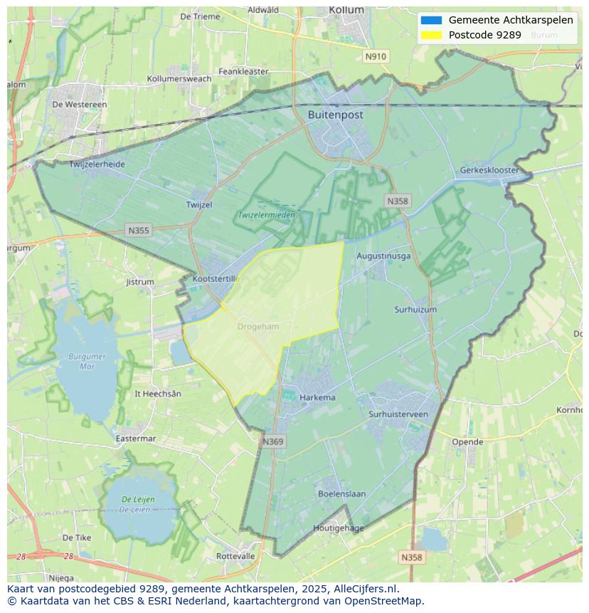 Afbeelding van het postcodegebied 9289 op de kaart.