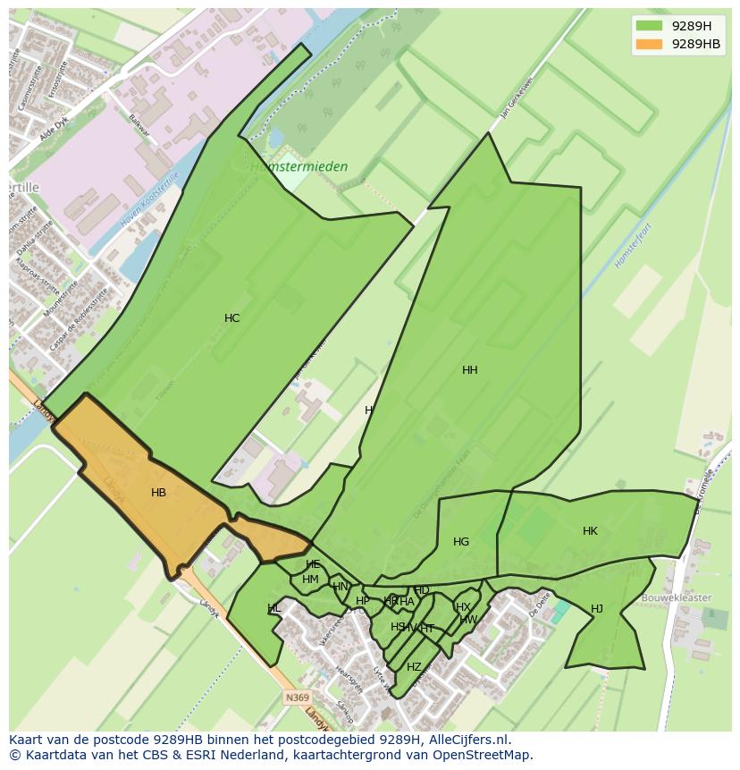 Afbeelding van het postcodegebied 9289 HB op de kaart.