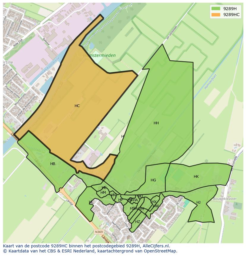 Afbeelding van het postcodegebied 9289 HC op de kaart.