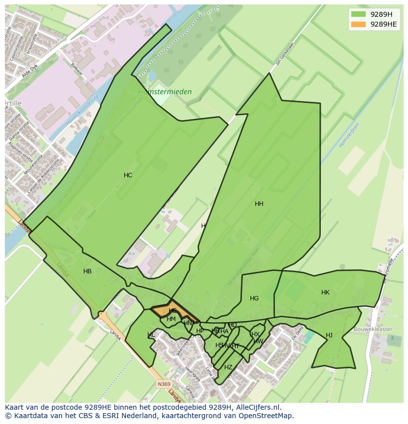 Afbeelding van het postcodegebied 9289 HE op de kaart.