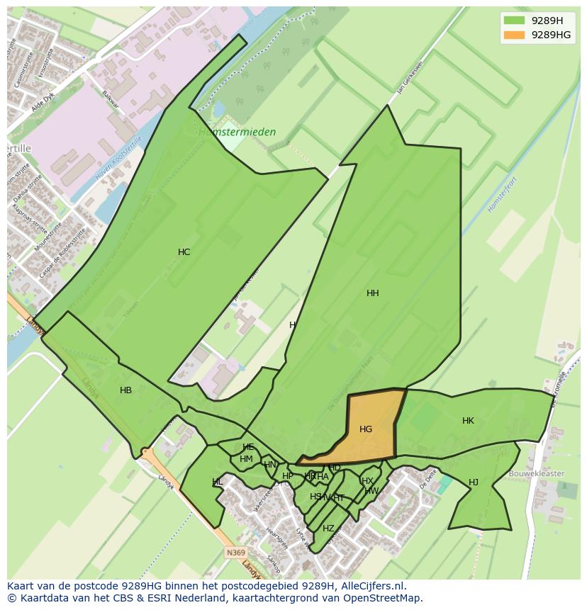 Afbeelding van het postcodegebied 9289 HG op de kaart.