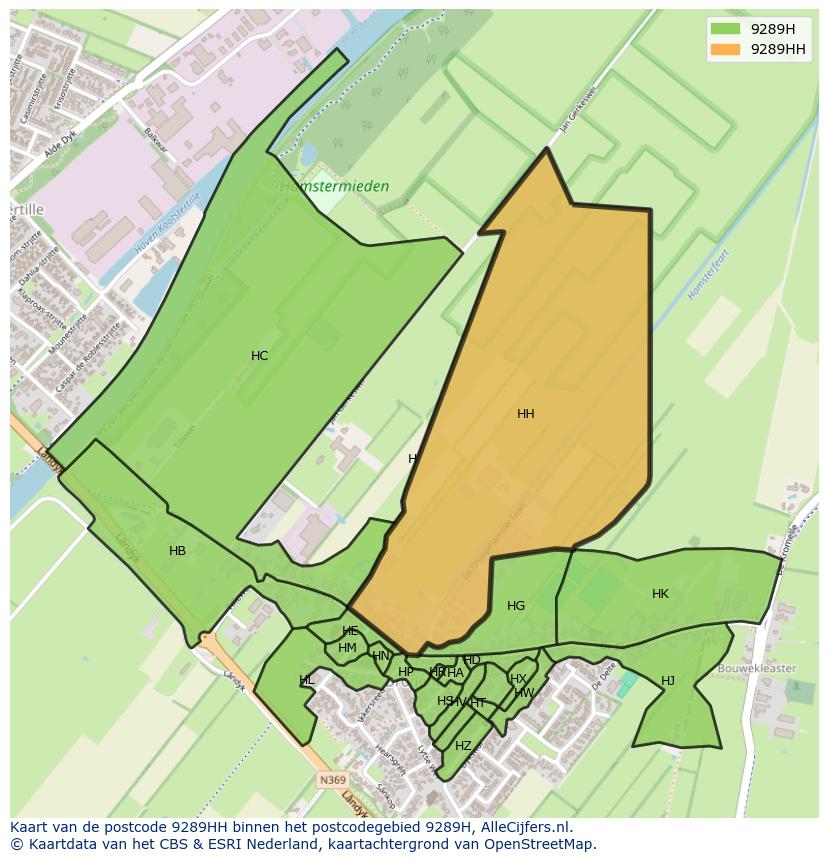 Afbeelding van het postcodegebied 9289 HH op de kaart.