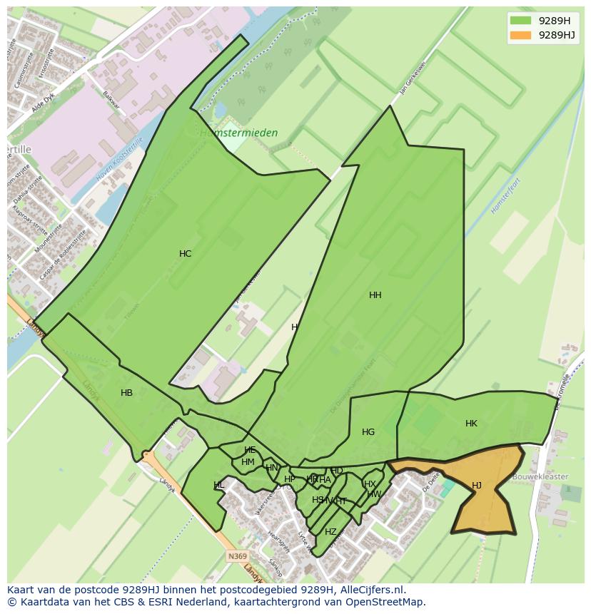 Afbeelding van het postcodegebied 9289 HJ op de kaart.