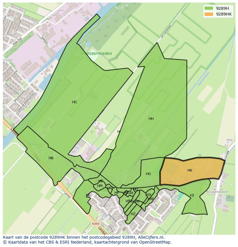 Afbeelding van het postcodegebied 9289 HK op de kaart.