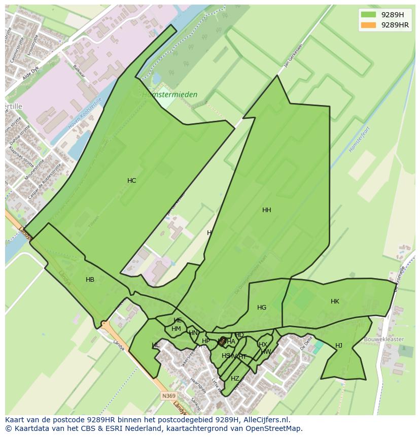 Afbeelding van het postcodegebied 9289 HR op de kaart.