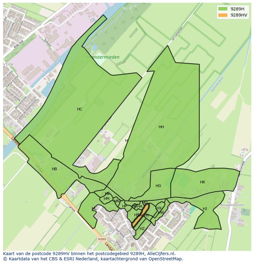Afbeelding van het postcodegebied 9289 HV op de kaart.