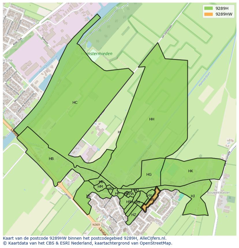Afbeelding van het postcodegebied 9289 HW op de kaart.