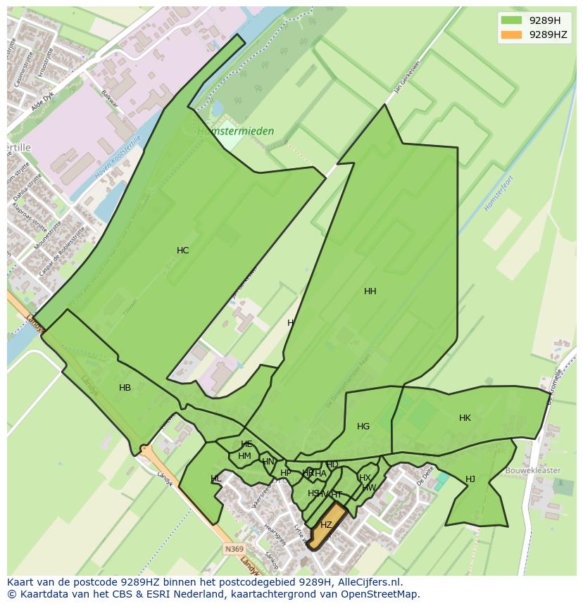 Afbeelding van het postcodegebied 9289 HZ op de kaart.