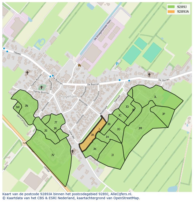 Afbeelding van het postcodegebied 9289 JA op de kaart.