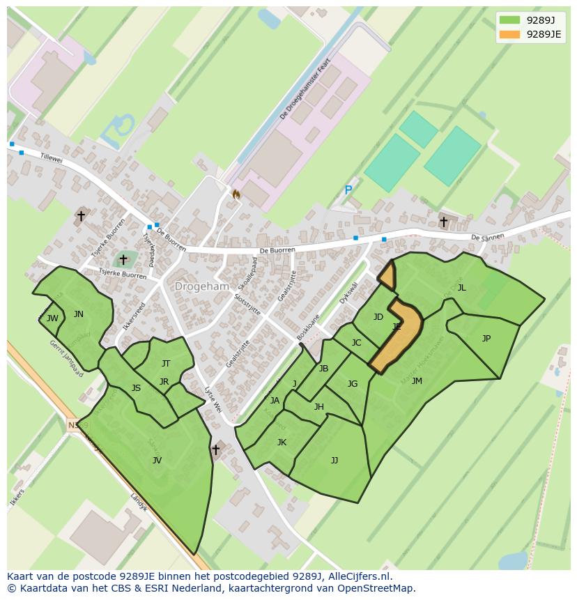 Afbeelding van het postcodegebied 9289 JE op de kaart.