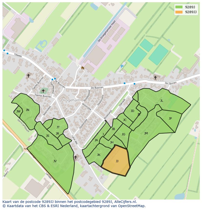 Afbeelding van het postcodegebied 9289 JJ op de kaart.
