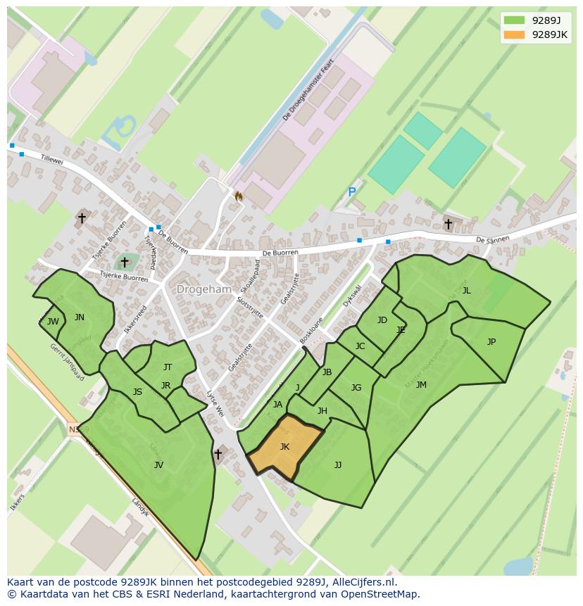 Afbeelding van het postcodegebied 9289 JK op de kaart.