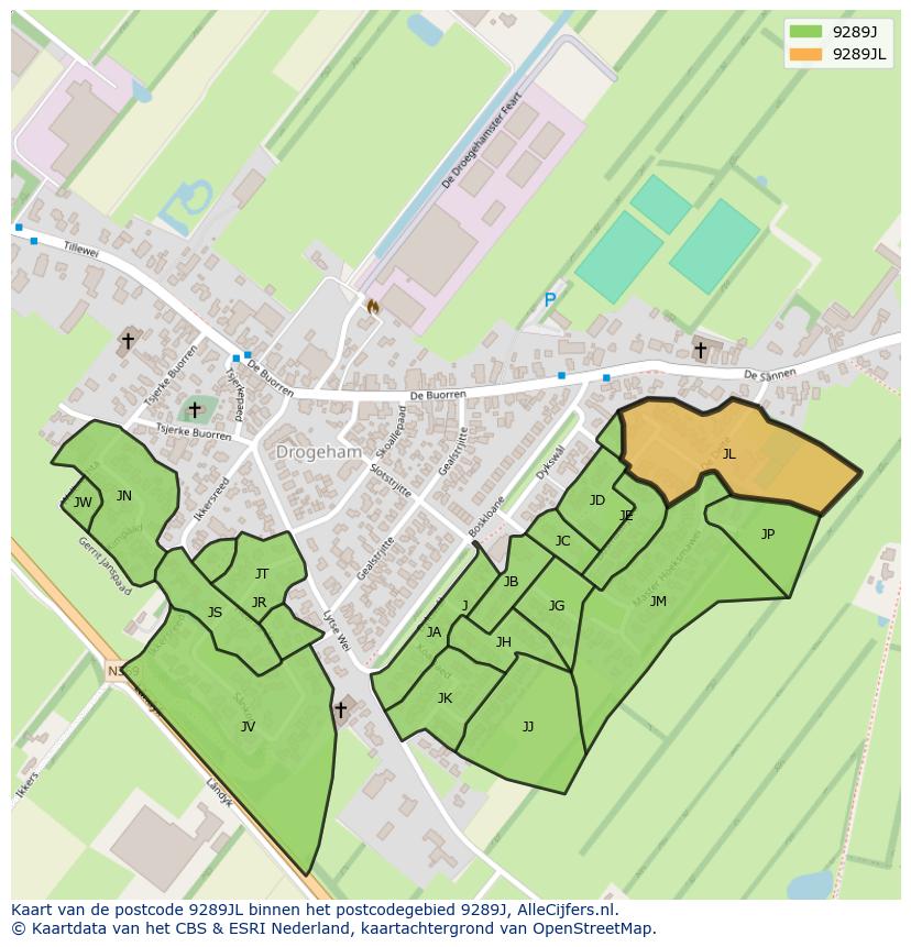 Afbeelding van het postcodegebied 9289 JL op de kaart.