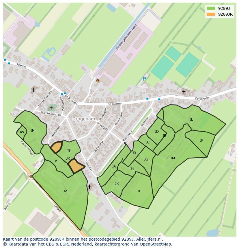 Afbeelding van het postcodegebied 9289 JR op de kaart.
