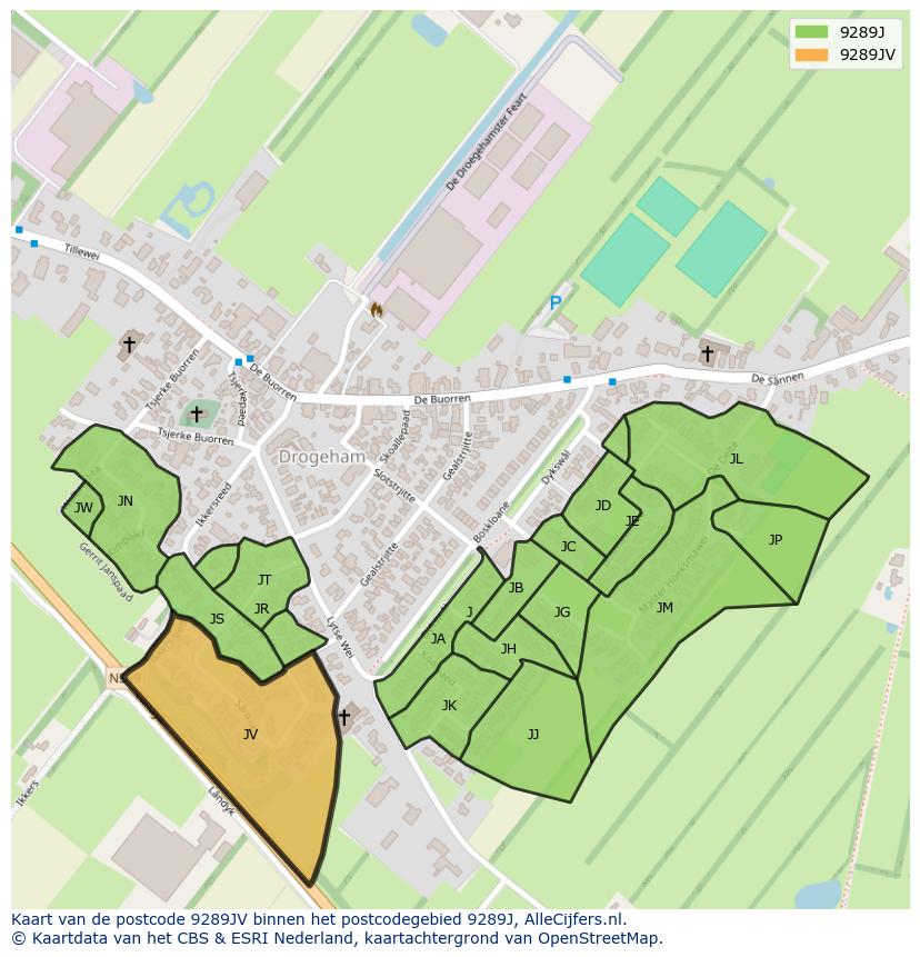 Afbeelding van het postcodegebied 9289 JV op de kaart.