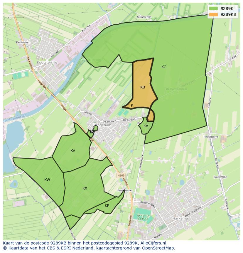 Afbeelding van het postcodegebied 9289 KB op de kaart.