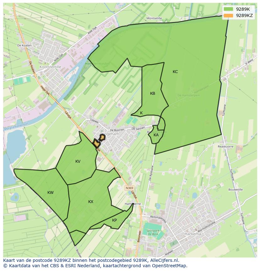 Afbeelding van het postcodegebied 9289 KZ op de kaart.