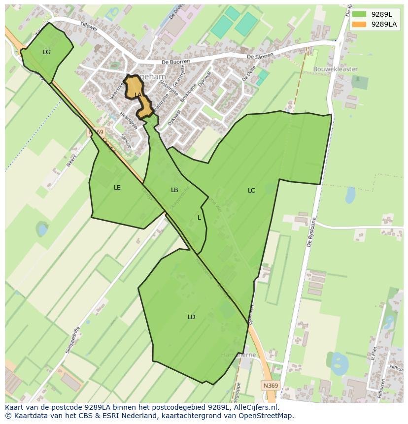Afbeelding van het postcodegebied 9289 LA op de kaart.