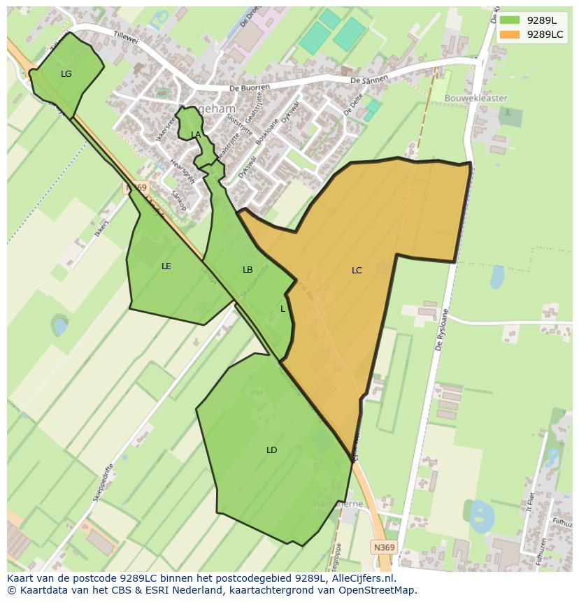 Afbeelding van het postcodegebied 9289 LC op de kaart.