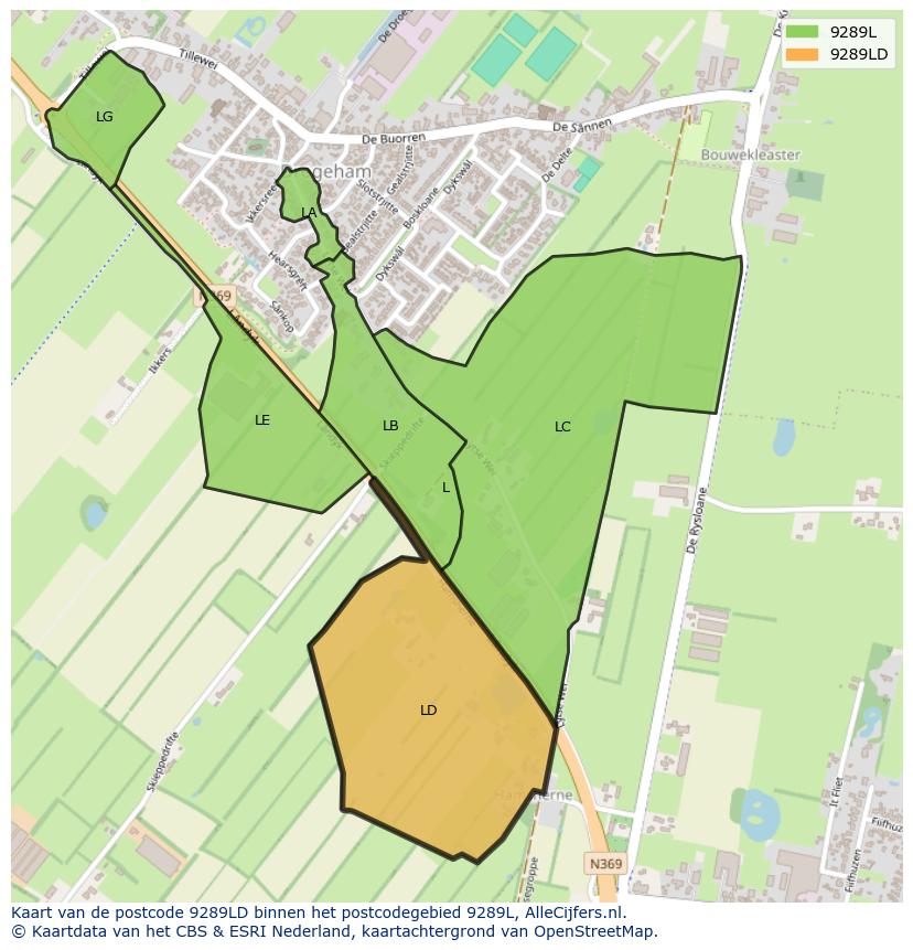 Afbeelding van het postcodegebied 9289 LD op de kaart.