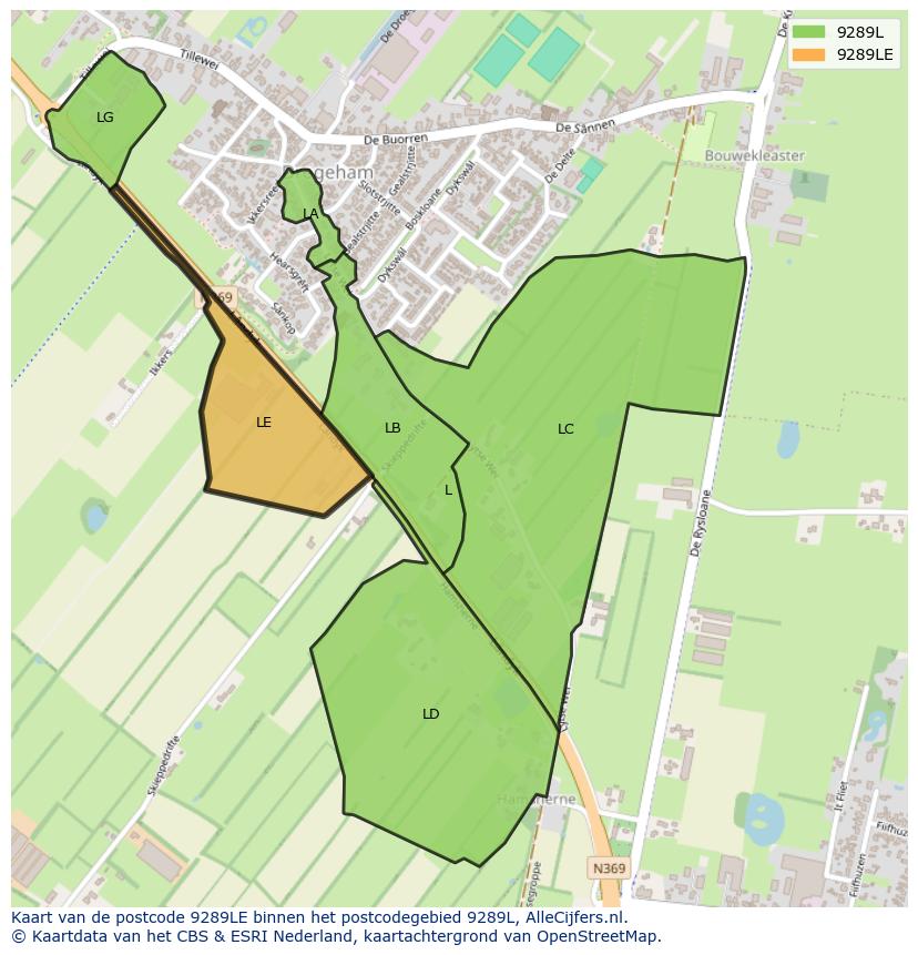 Afbeelding van het postcodegebied 9289 LE op de kaart.