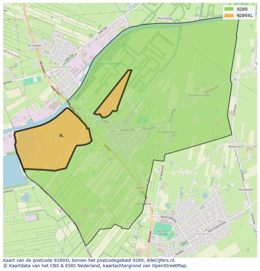 Afbeelding van het postcodegebied 9289 XL op de kaart.