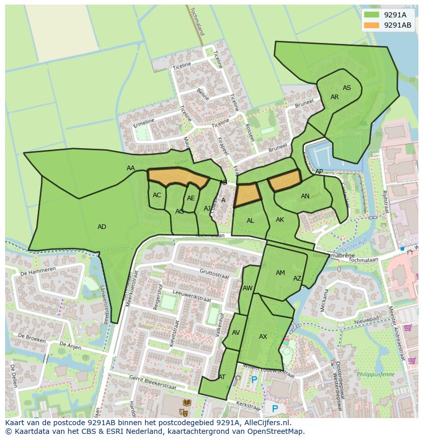 Afbeelding van het postcodegebied 9291 AB op de kaart.
