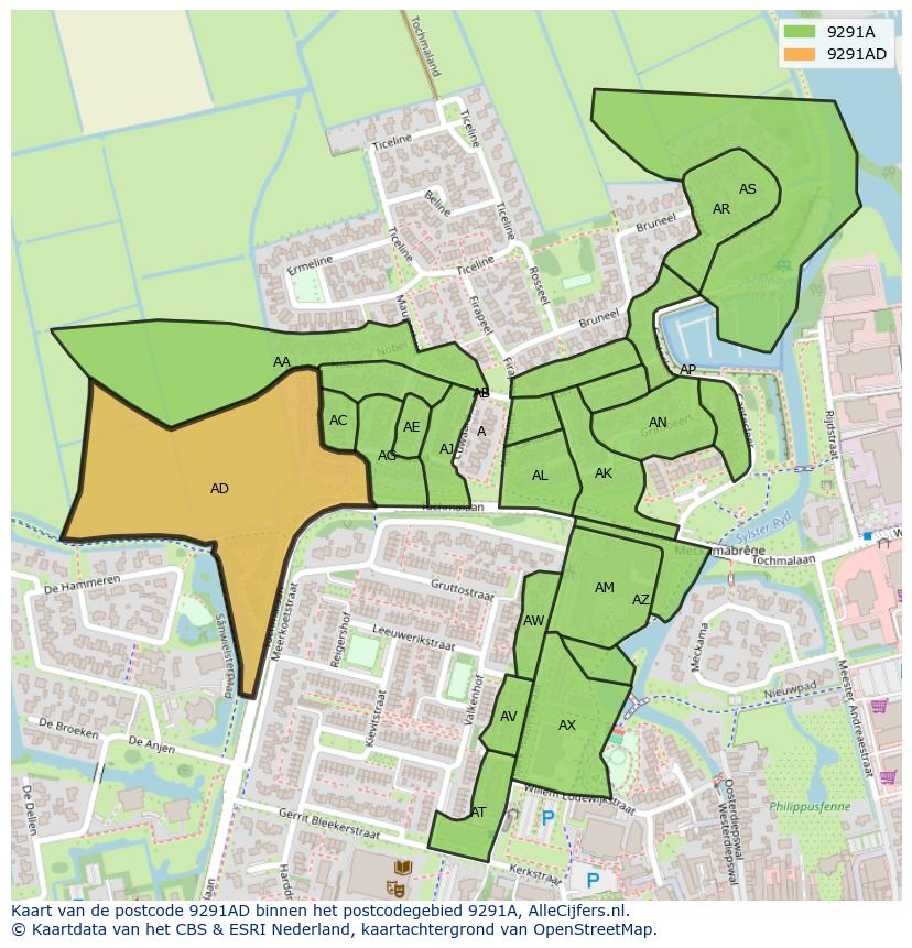 Afbeelding van het postcodegebied 9291 AD op de kaart.