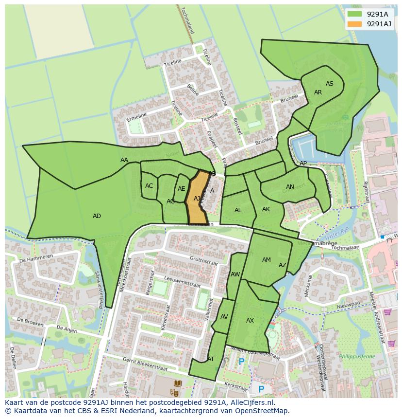Afbeelding van het postcodegebied 9291 AJ op de kaart.