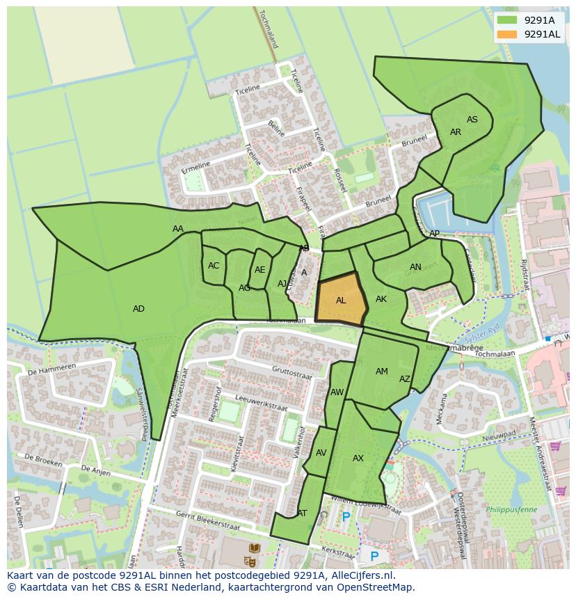 Afbeelding van het postcodegebied 9291 AL op de kaart.
