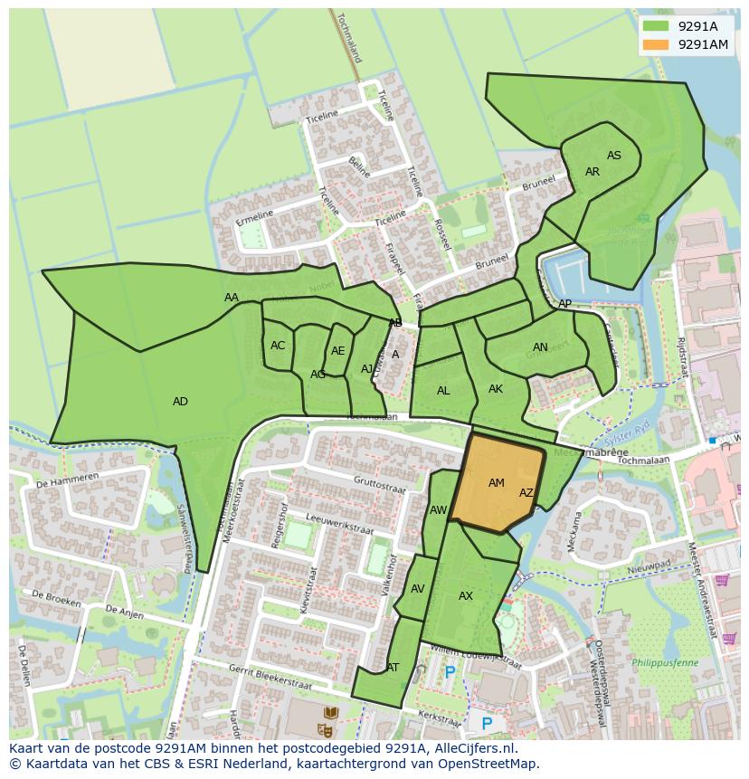 Afbeelding van het postcodegebied 9291 AM op de kaart.