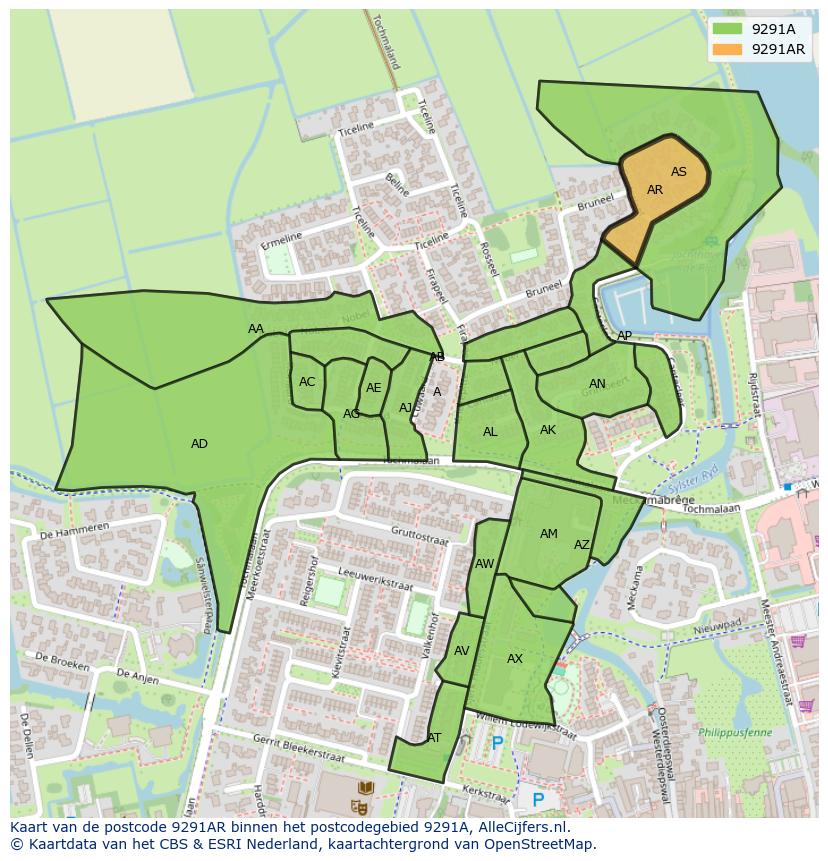 Afbeelding van het postcodegebied 9291 AR op de kaart.