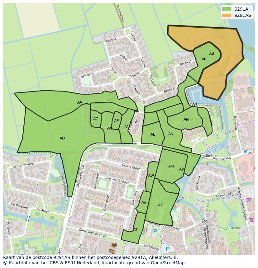 Afbeelding van het postcodegebied 9291 AS op de kaart.
