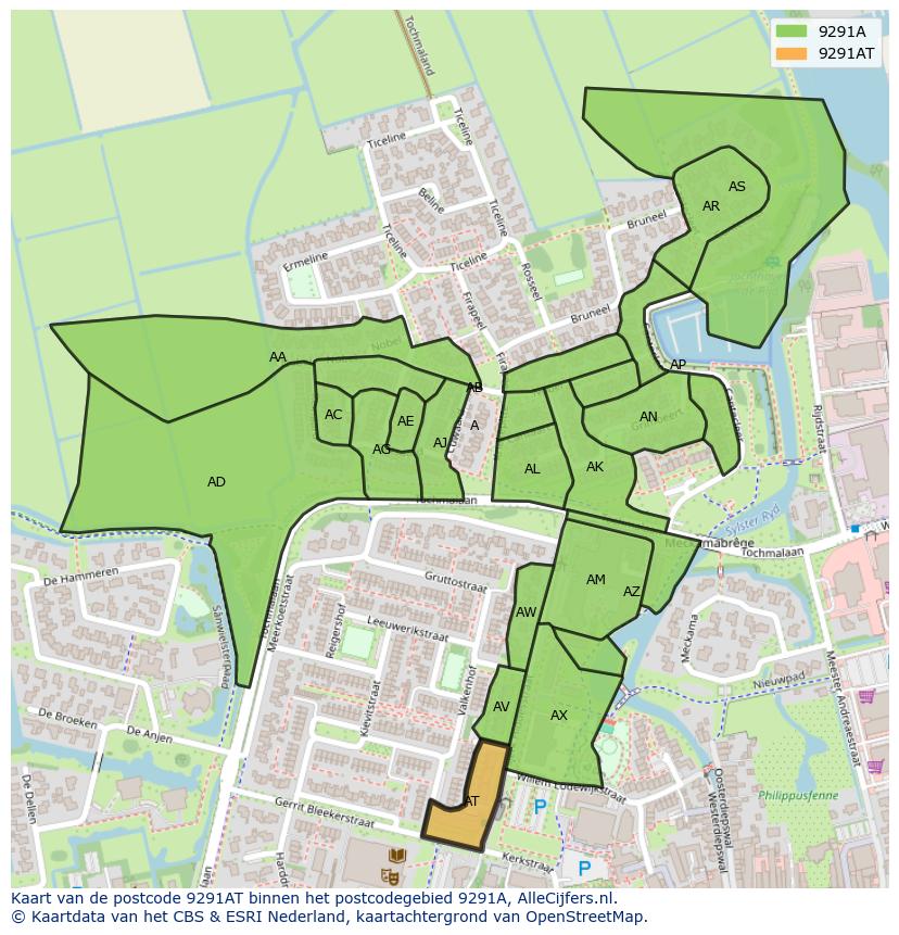 Afbeelding van het postcodegebied 9291 AT op de kaart.