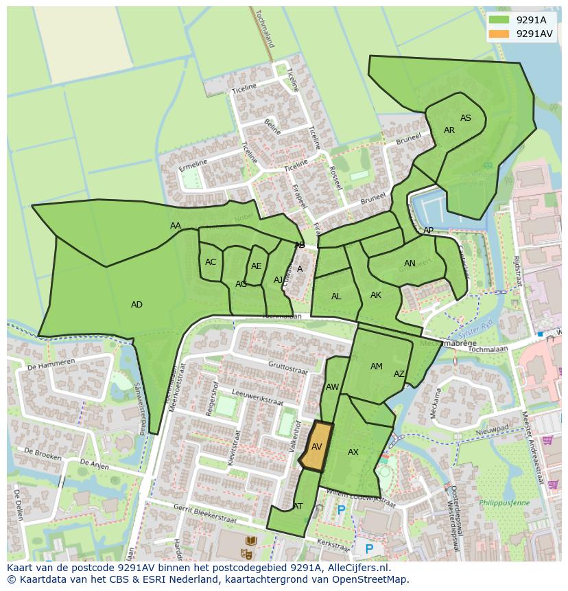 Afbeelding van het postcodegebied 9291 AV op de kaart.